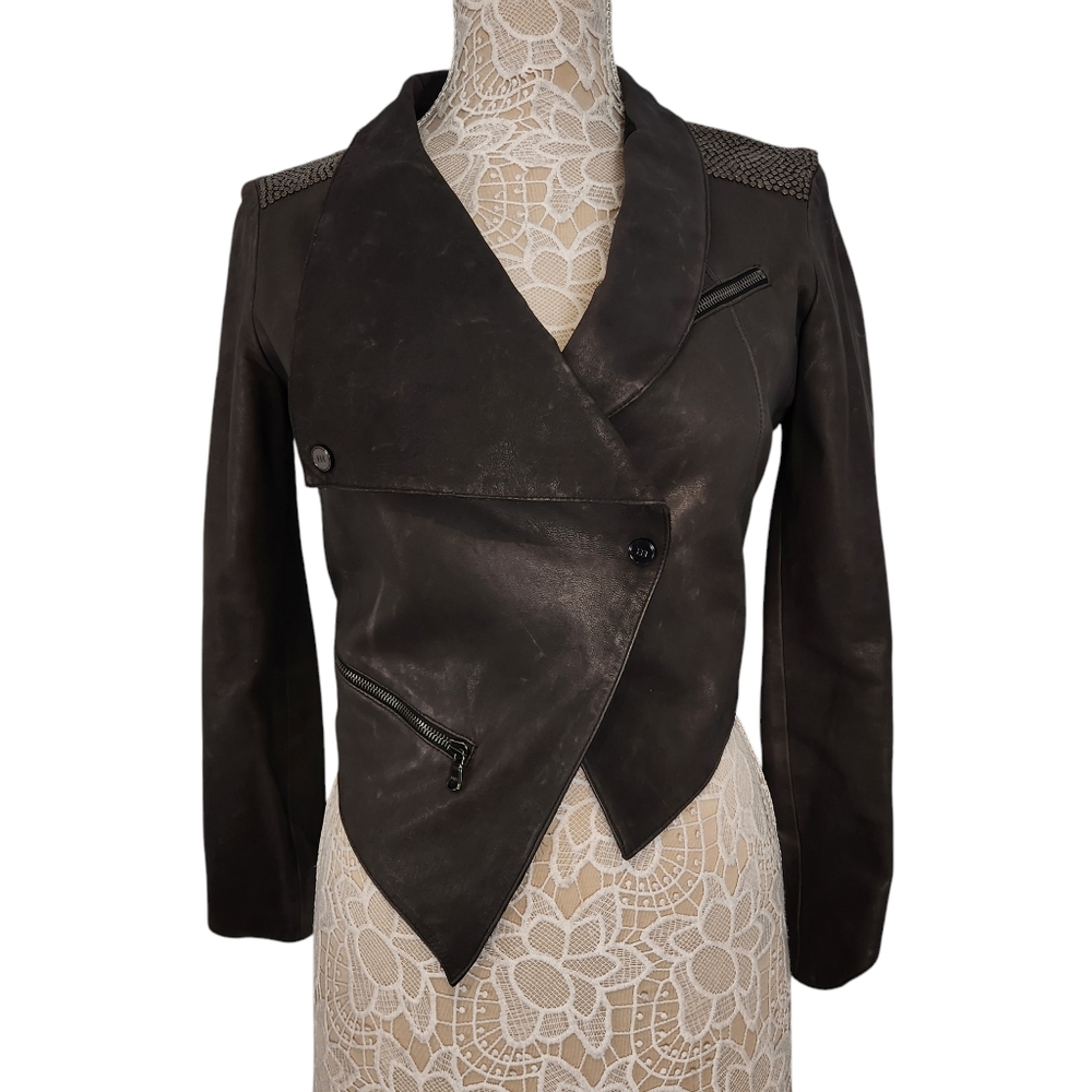 Haute Hippie cropped leather studded distressed moto asymmetrical jacket size S